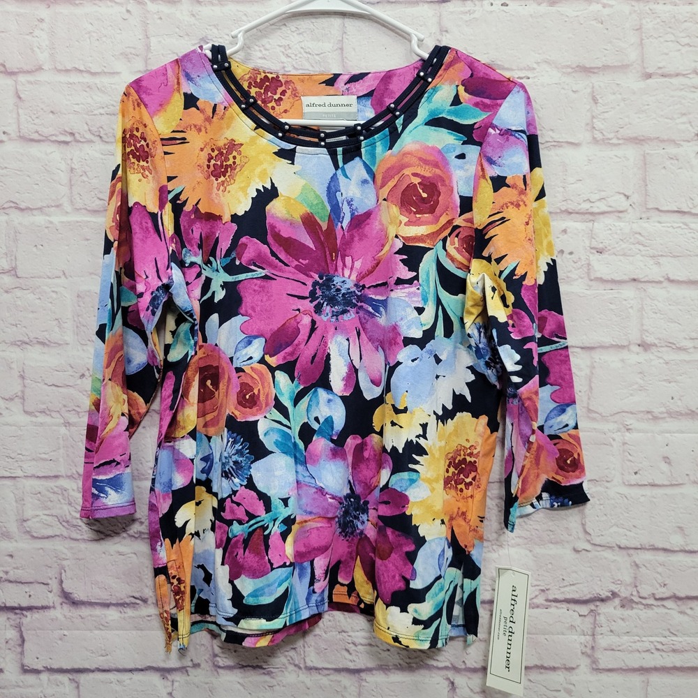 NEW Alfred Dunner Floral Blouse Womens PM 3/4 Sleeve Rhinestone Cottagecore Y2K
